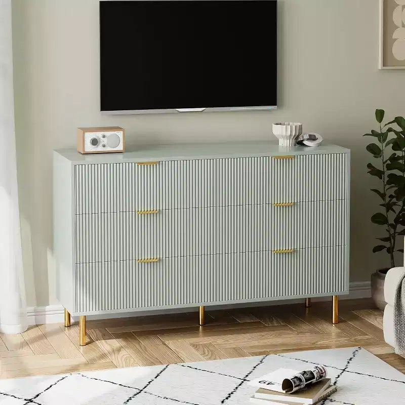 Cassettiera moderna a 6 cassetti per camera da letto con maniglie dorate e cassetti grandi, comò doppio in legno e organizer contenitore