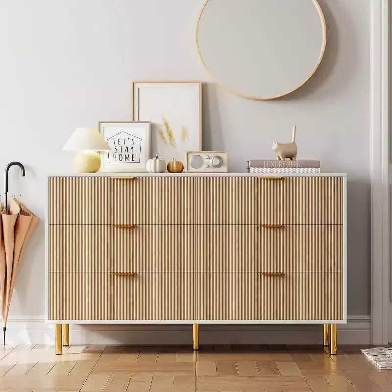 Cassettiera moderna a 6 cassetti per camera da letto con maniglie dorate e cassetti grandi, comò doppio in legno e organizer contenitore