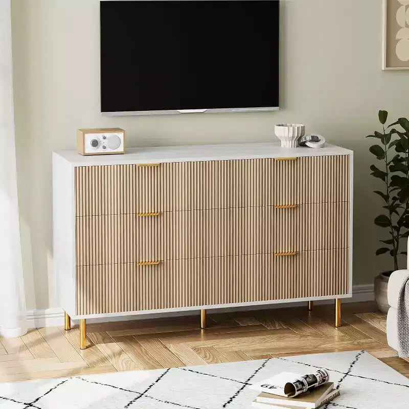 Cassettiera moderna a 6 cassetti per camera da letto con maniglie dorate e cassetti grandi, comò doppio in legno e organizer contenitore