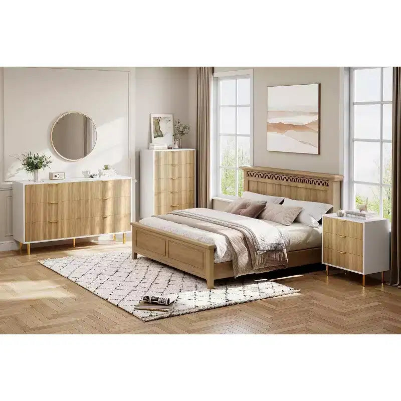 Cassettiera moderna a 6 cassetti per camera da letto con maniglie dorate e cassetti grandi, comò doppio in legno e organizer contenitore
