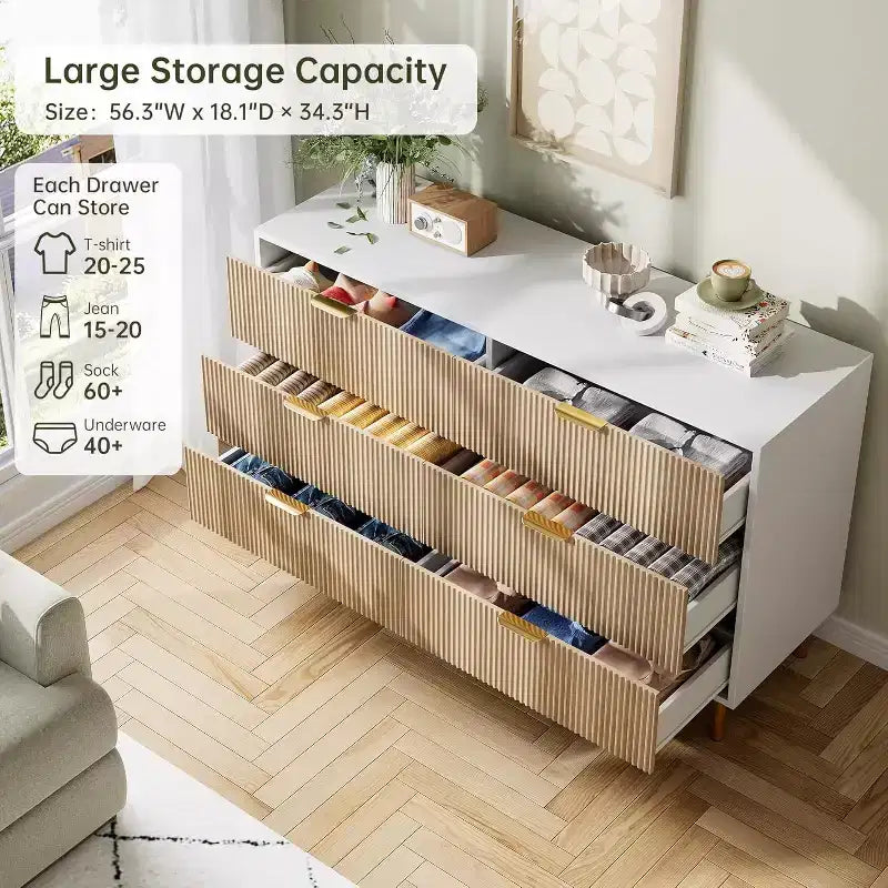 Cassettiera moderna a 6 cassetti per camera da letto con maniglie dorate e cassetti grandi, comò doppio in legno e organizer contenitore