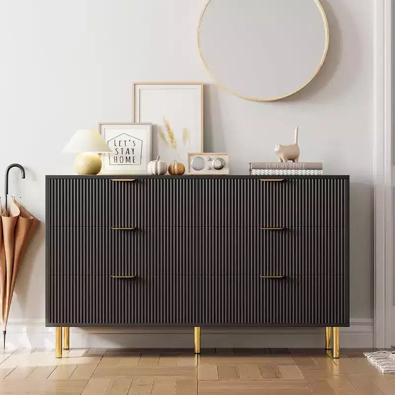Cassettiera moderna a 6 cassetti per camera da letto con maniglie dorate e cassetti grandi, comò doppio in legno e organizer contenitore