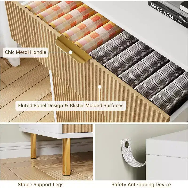 Cassettiera moderna a 6 cassetti per camera da letto con maniglie dorate e cassetti grandi, comò doppio in legno e organizer contenitore