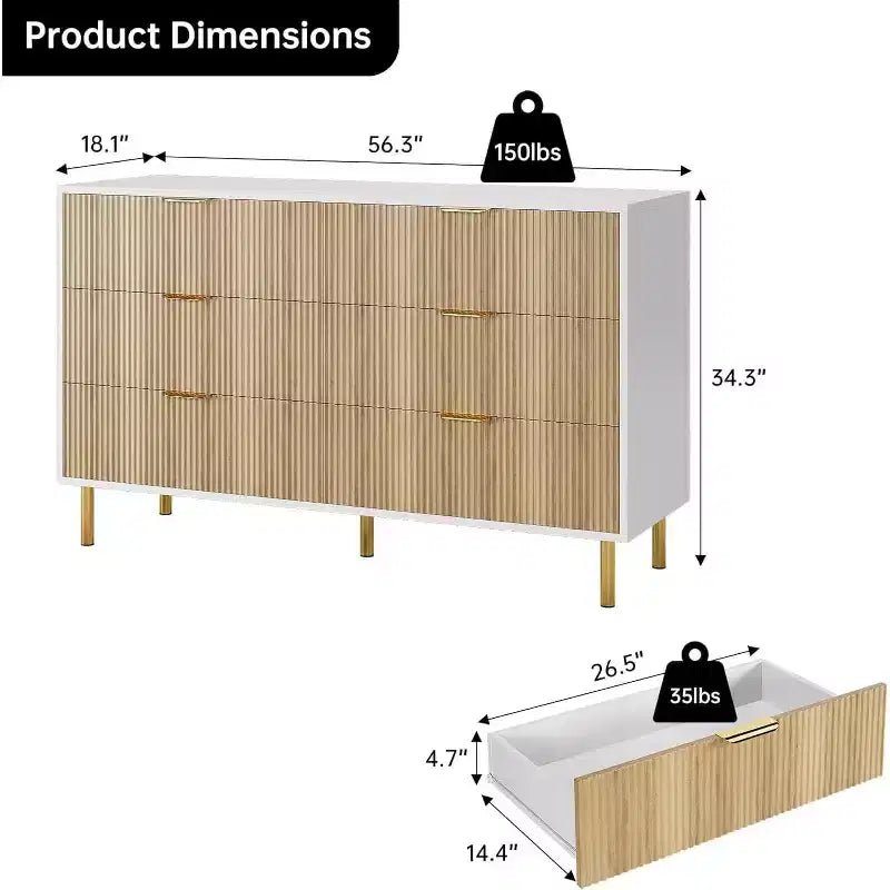 Cassettiera moderna a 6 cassetti per camera da letto con maniglie dorate e cassetti grandi, comò doppio in legno e organizer contenitore