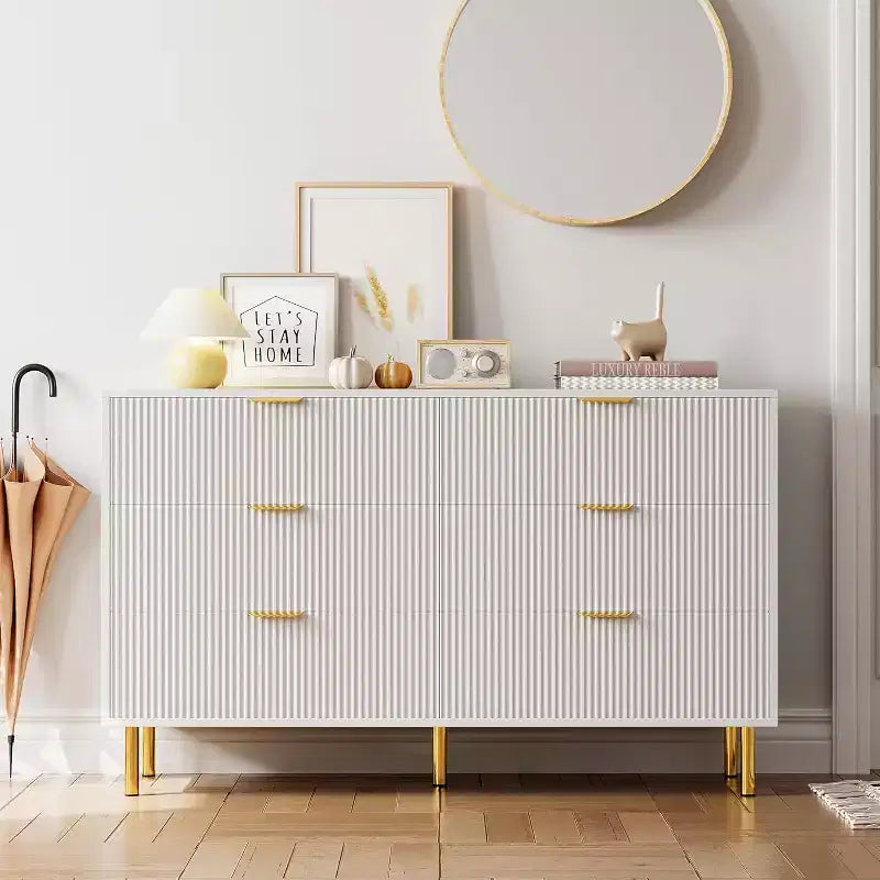 Cassettiera moderna a 6 cassetti per camera da letto con maniglie dorate e cassetti grandi, comò doppio in legno e organizer contenitore