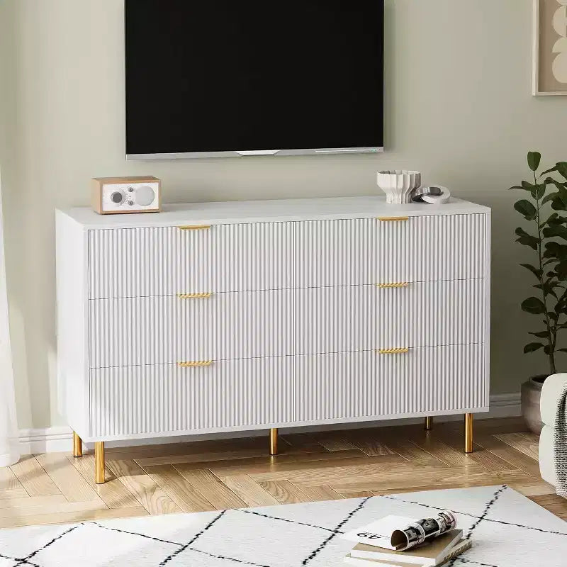 Cassettiera moderna a 6 cassetti per camera da letto con maniglie dorate e cassetti grandi, comò doppio in legno e organizer contenitore
