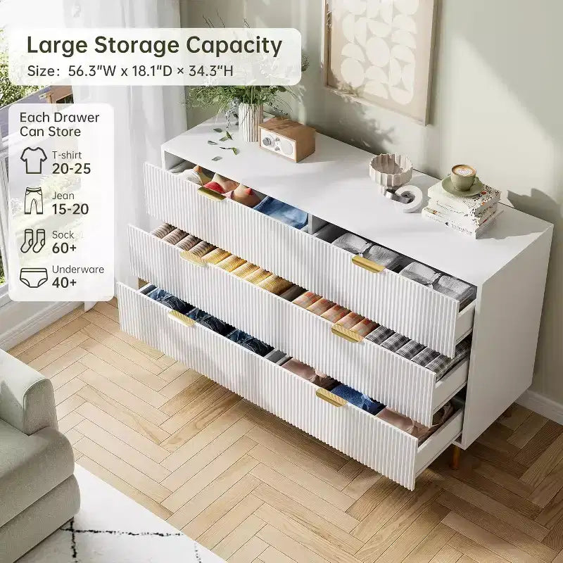 Cassettiera moderna a 6 cassetti per camera da letto con maniglie dorate e cassetti grandi, comò doppio in legno e organizer contenitore