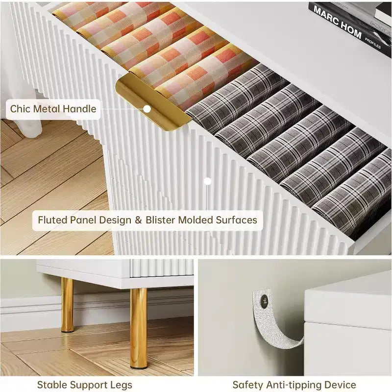 Cassettiera moderna a 6 cassetti per camera da letto con maniglie dorate e cassetti grandi, comò doppio in legno e organizer contenitore