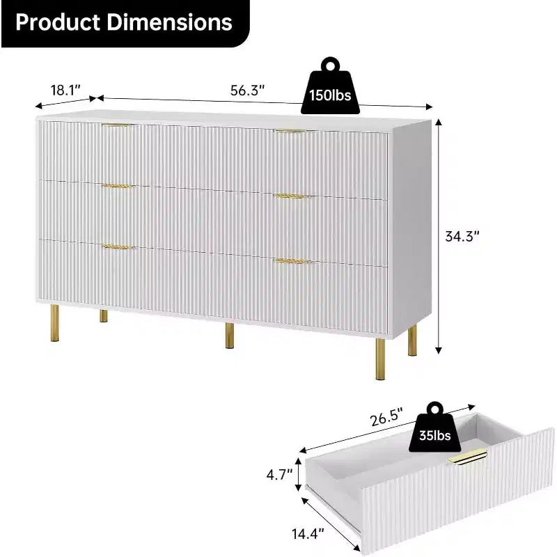 Cassettiera moderna a 6 cassetti per camera da letto con maniglie dorate e cassetti grandi, comò doppio in legno e organizer contenitore