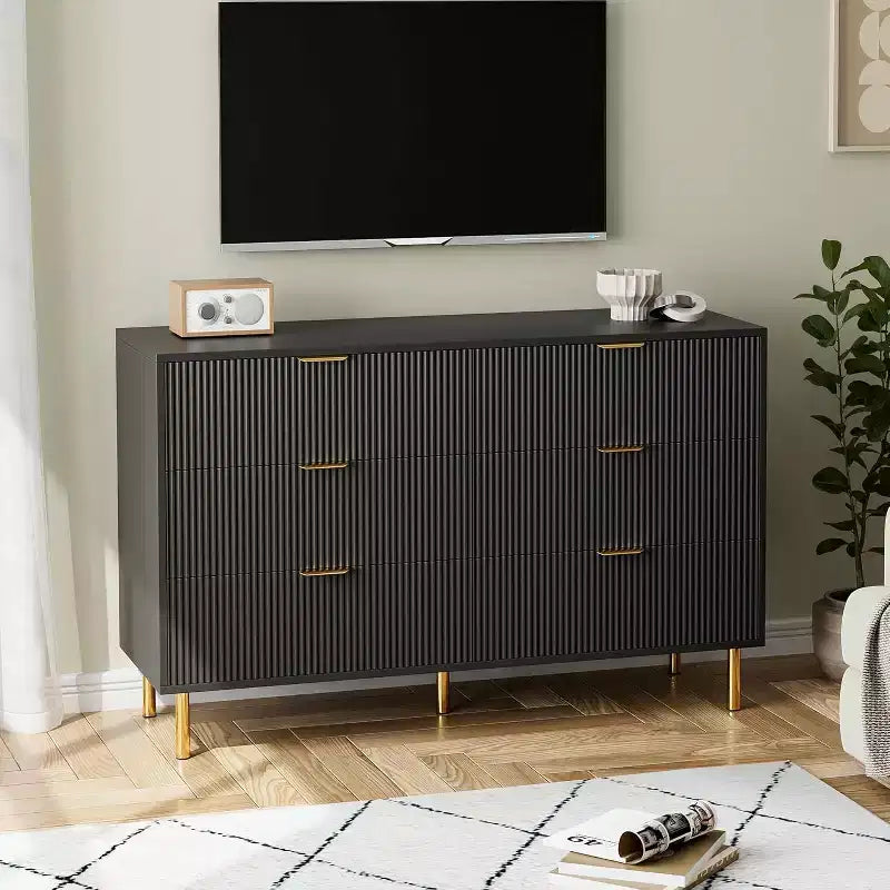 Cassettiera moderna a 6 cassetti per camera da letto con maniglie dorate e cassetti grandi, comò doppio in legno e organizer contenitore