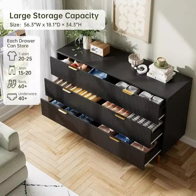 Cassettiera moderna a 6 cassetti per camera da letto con maniglie dorate e cassetti grandi, comò doppio in legno e organizer contenitore