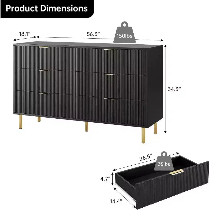 Cassettiera moderna a 6 cassetti per camera da letto con maniglie dorate e cassetti grandi, comò doppio in legno e organizer contenitore