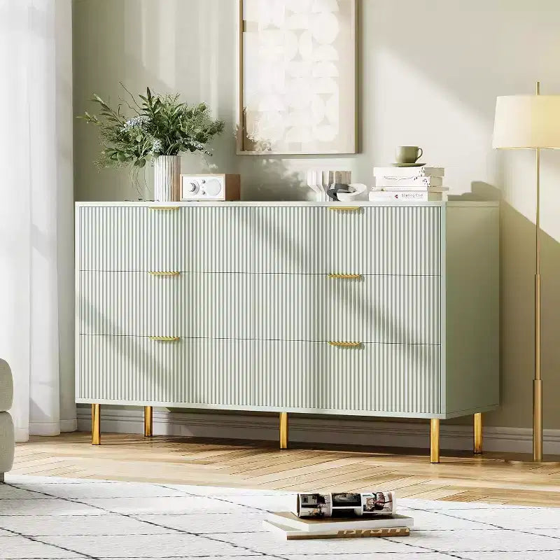 Cassettiera moderna a 6 cassetti per camera da letto con maniglie dorate e cassetti grandi, comò doppio in legno e organizer contenitore