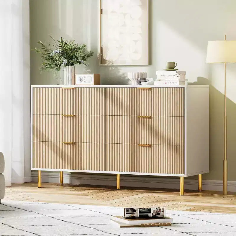 Cassettiera moderna a 6 cassetti per camera da letto con maniglie dorate e cassetti grandi, comò doppio in legno e organizer contenitore