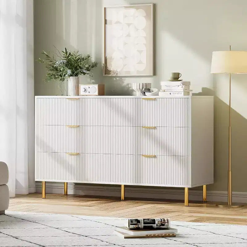 Cassettiera moderna a 6 cassetti per camera da letto con maniglie dorate e cassetti grandi, comò doppio in legno e organizer contenitore