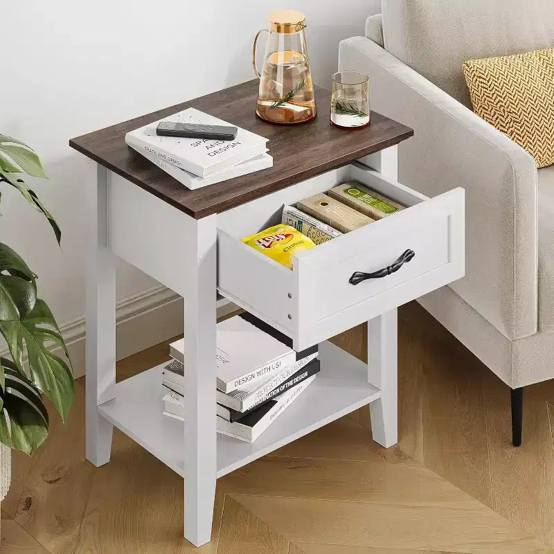 Comodino con cassetto e 2 ripiani, tavolino versatile per camera da letto, soggiorno, dormitorio e piccoli spazi