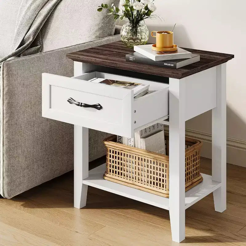 Comodino con cassetto e 2 ripiani, tavolino versatile per camera da letto, soggiorno, dormitorio e piccoli spazi