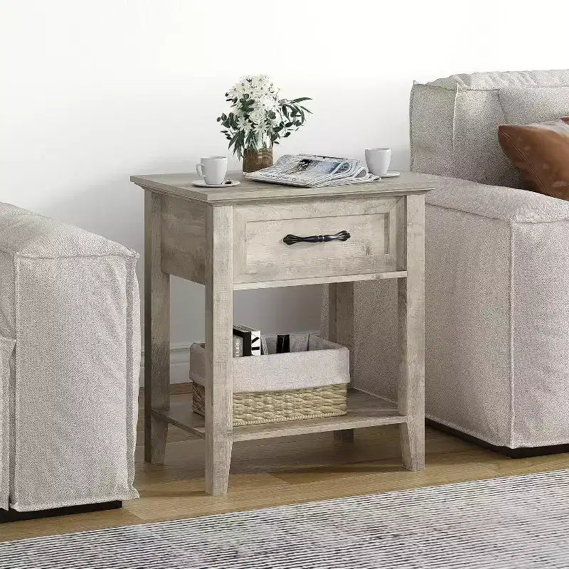 Comodino con cassetto e 2 ripiani, tavolino versatile per camera da letto, soggiorno, dormitorio e piccoli spazi