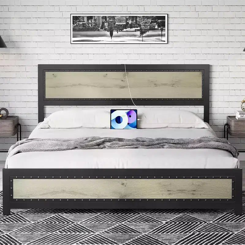 Bed Frame with Charging Station, Industrial Design Platform Bed Frame with Headboard and Metal Slated Frame, No Spring Box Need, Easy Assembly