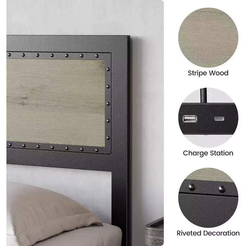 Struttura letto con stazione di ricarica, struttura letto a piattaforma dal design industriale con testiera e telaio a doghe in metallo, non è necessaria la rete a molle, facile da montare