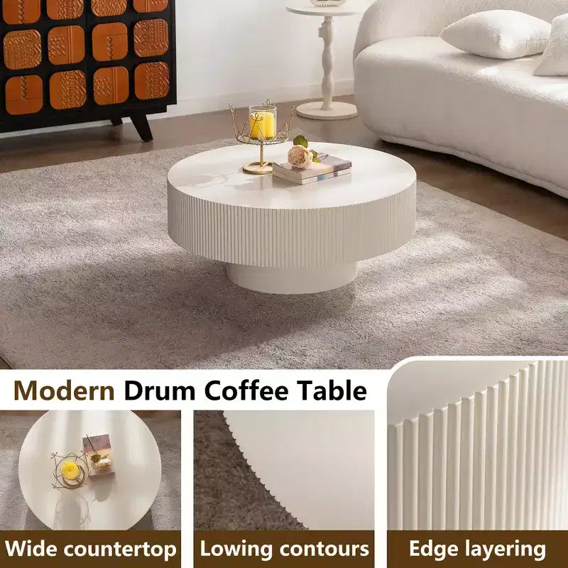 Tavolino da caffè rotondo moderno bianco, tavolino centrale a tamburo in legno da 34,25 pollici. Tavolino da caffè d'accento contemporaneo per soggiorno, appartamento, ufficio