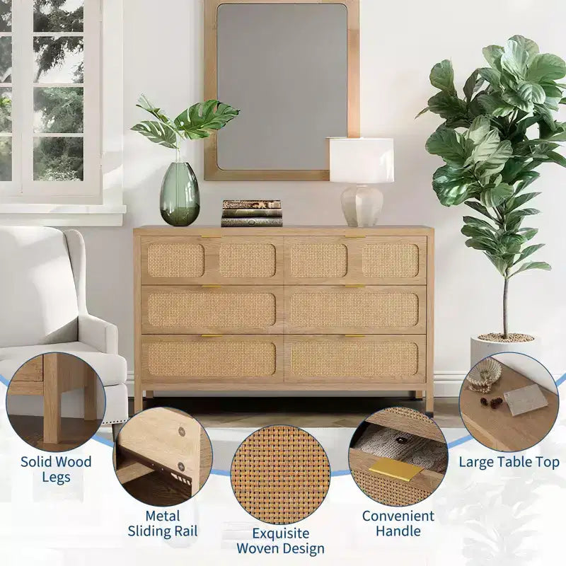 Cassettiera a 6 cassetti per camera da letto, comò in rattan largo 120 cm con maniglie in metallo, porta TV con cassetti in legno, organizer per cassetti