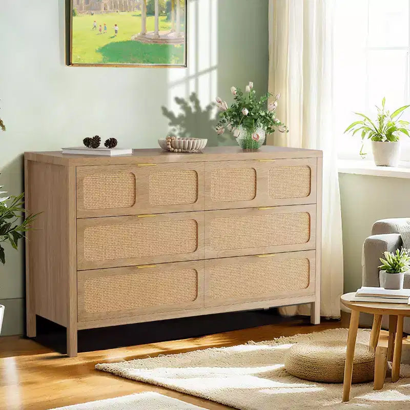 Cassettiera a 6 cassetti per camera da letto, comò in rattan largo 120 cm con maniglie in metallo, porta TV con cassetti in legno, organizer per cassetti