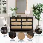 Cassettiera a 6 cassetti per camera da letto, comò in rattan largo 120 cm con maniglie in metallo, porta TV con cassetti in legno, organizer per cassetti