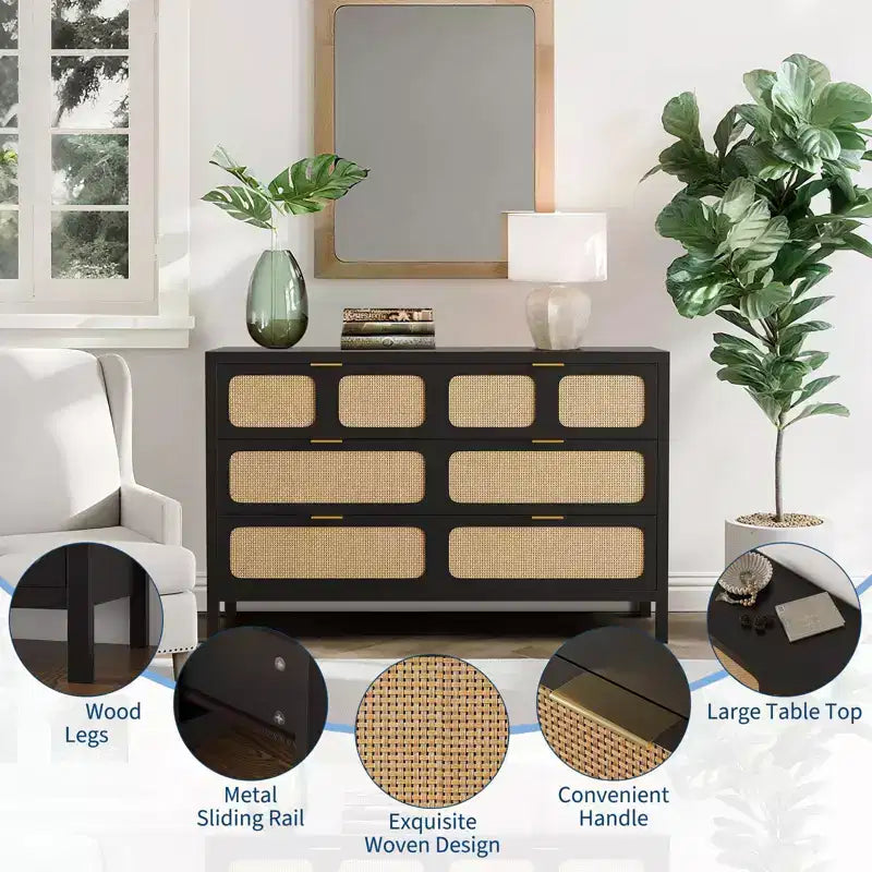 Cassettiera a 6 cassetti per camera da letto, comò in rattan largo 120 cm con maniglie in metallo, porta TV con cassetti in legno, organizer per cassetti