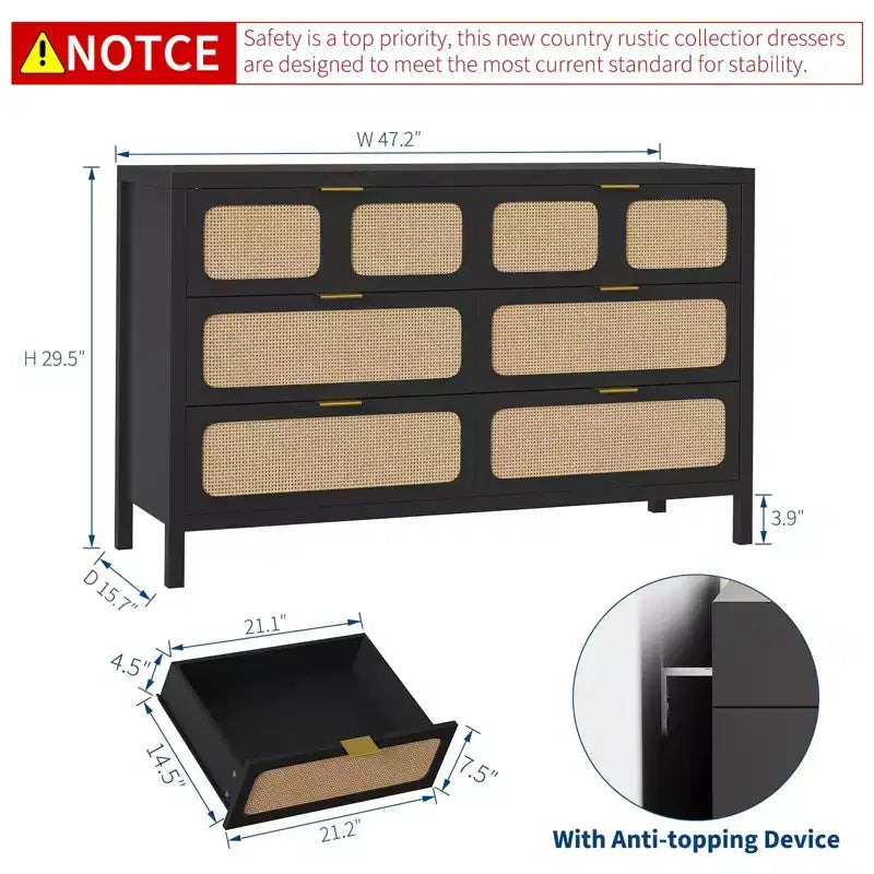 Cassettiera a 6 cassetti per camera da letto, comò in rattan largo 120 cm con maniglie in metallo, porta TV con cassetti in legno, organizer per cassetti