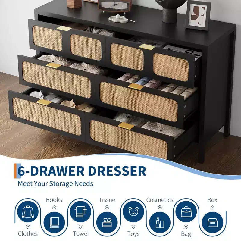 Cassettiera a 6 cassetti per camera da letto, comò in rattan largo 120 cm con maniglie in metallo, porta TV con cassetti in legno, organizer per cassetti