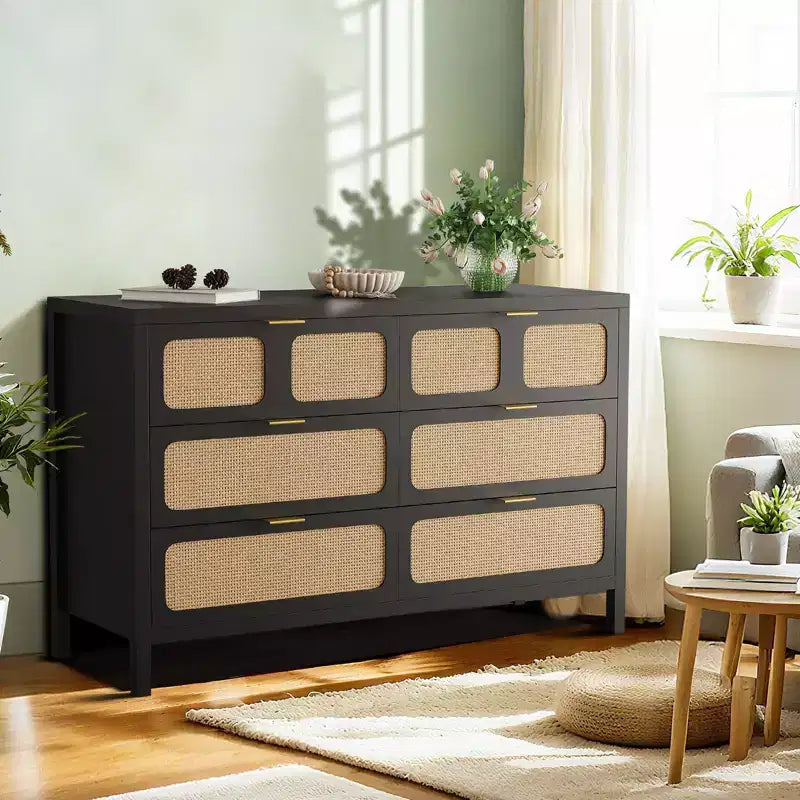 Cassettiera a 6 cassetti per camera da letto, comò in rattan largo 120 cm con maniglie in metallo, porta TV con cassetti in legno, organizer per cassetti