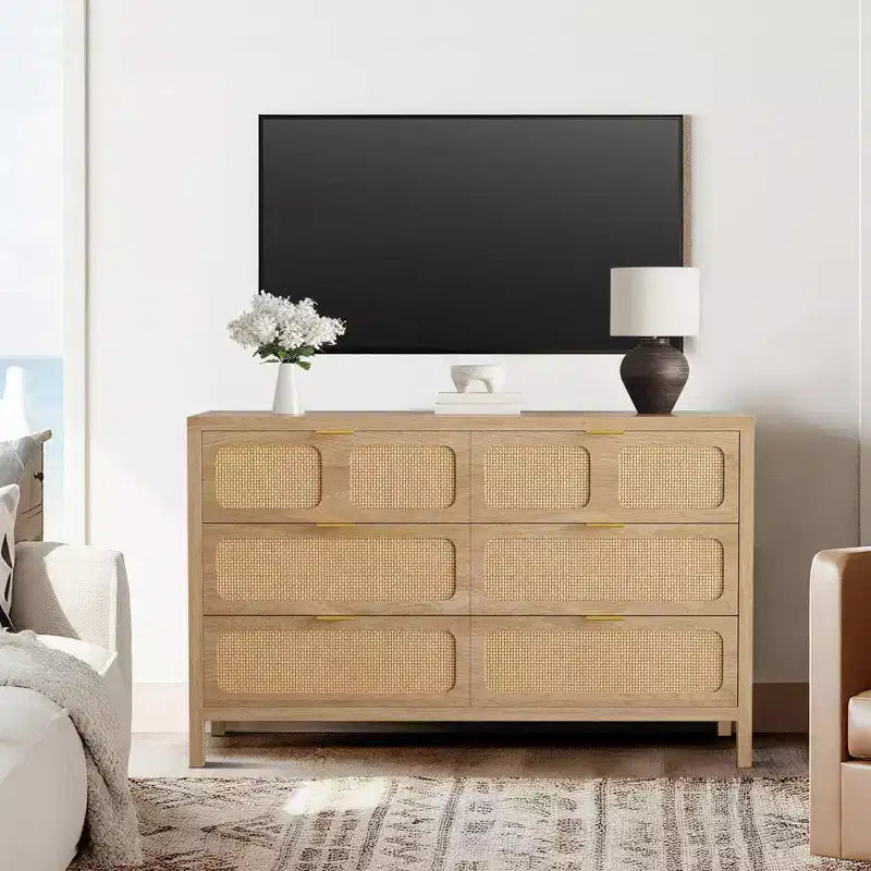 Cassettiera a 6 cassetti per camera da letto, comò in rattan largo 120 cm con maniglie in metallo, porta TV con cassetti in legno, organizer per cassetti