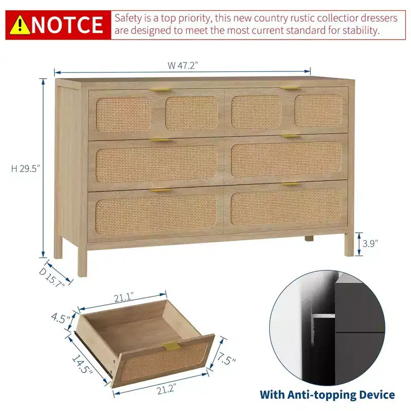 Cassettiera a 6 cassetti per camera da letto, comò in rattan largo 120 cm con maniglie in metallo, porta TV con cassetti in legno, organizer per cassetti
