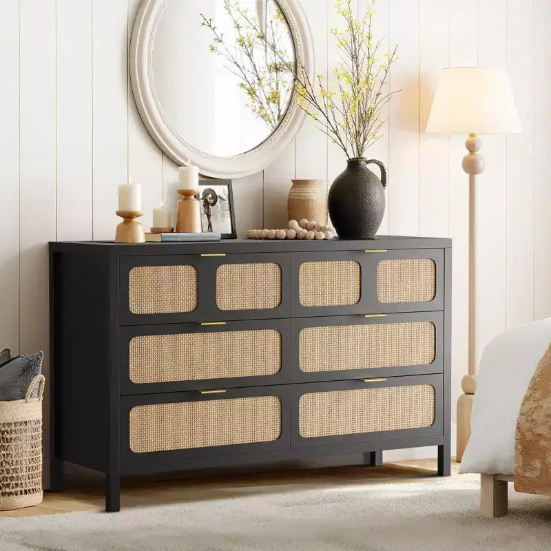 Cassettiera a 6 cassetti per camera da letto, comò in rattan largo 120 cm con maniglie in metallo, porta TV con cassetti in legno, organizer per cassetti