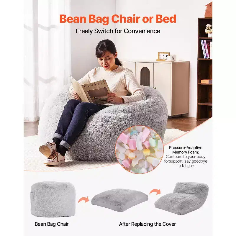 Sacco Pouf Letto, Sedia Convertibile da Sacco Pouf a Divano o Materasso, Letto con Sacco Pouf con Rivestimento Lavabile per Adulti, Grigio (misura Queen)