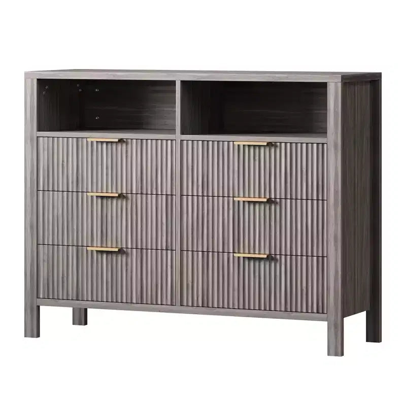 Cassettiera a 6 cassetti scanalata per camera da letto, Comò alto e largo con organizer, Cassettiera mobile TV Mid Century Modern per soggiorno