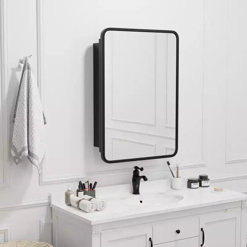 Mobiletto da bagno 28 x 20 con specchio Cornice in acciaio inossidabile e 2 ripiani regolabili Armadietti per medicinali a parete Specchi rettangolari da incasso neri