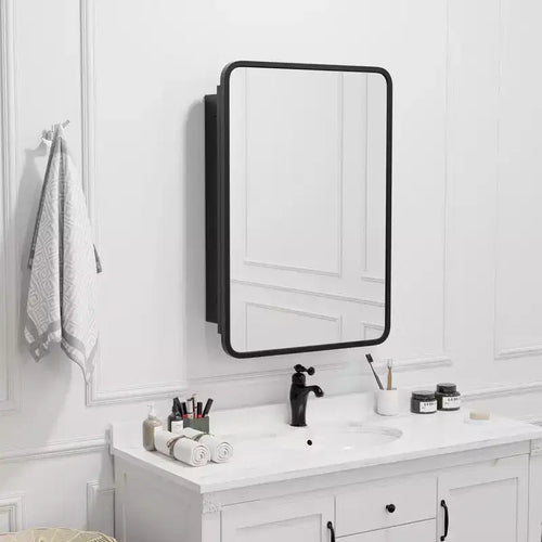 Mobiletto da bagno 28 x 20 con specchio Cornice in acciaio inossidabile e 2 ripiani regolabili Armadietti per medicinali a parete Specchi rettangolari da incasso neri