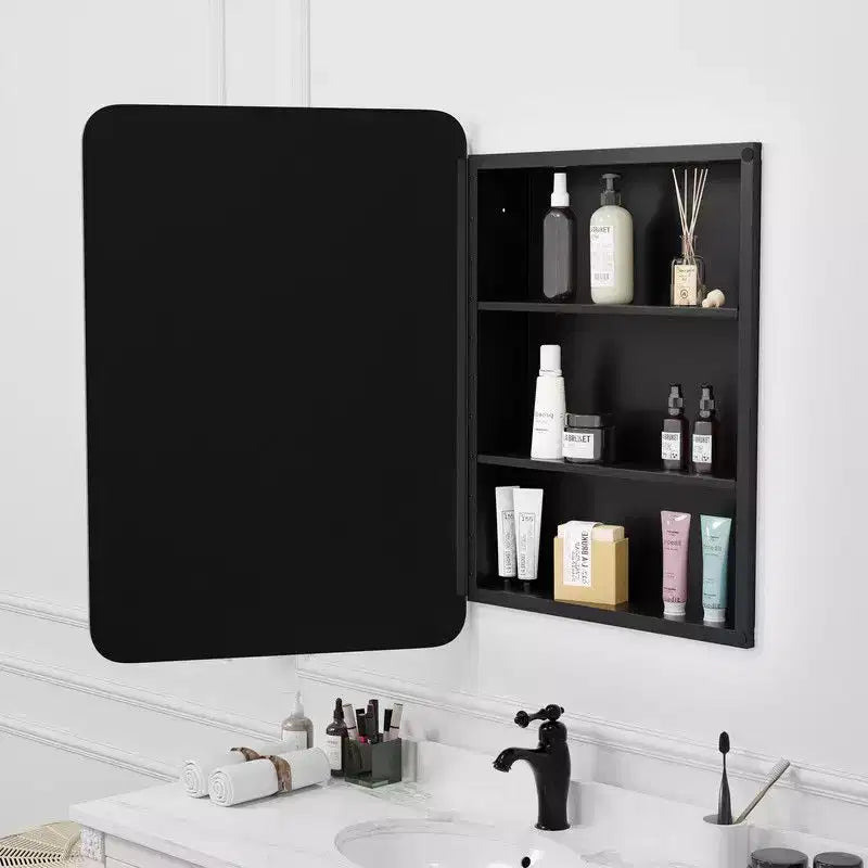Mobiletto da bagno 28 x 20 con specchio Cornice in acciaio inossidabile e 2 ripiani regolabili Armadietti per medicinali a parete Specchi rettangolari da incasso neri