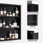 Mobiletto da bagno 28 x 20 con specchio Cornice in acciaio inossidabile e 2 ripiani regolabili Armadietti per medicinali a parete Specchi rettangolari da incasso neri