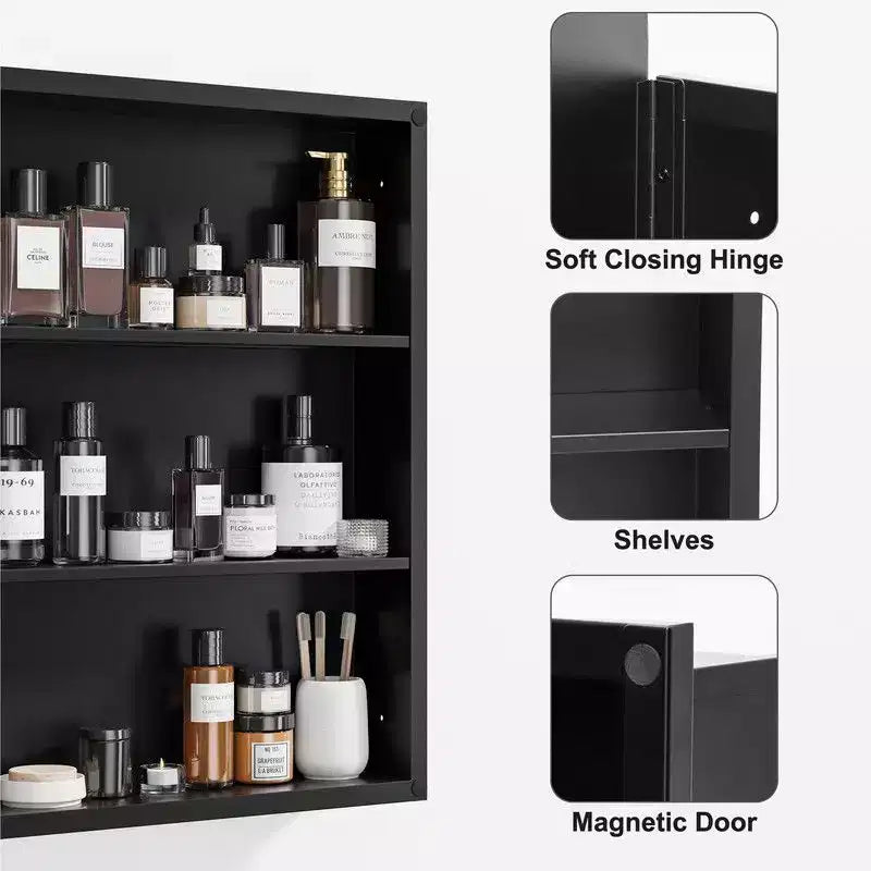 Mobiletto da bagno 28 x 20 con specchio Cornice in acciaio inossidabile e 2 ripiani regolabili Armadietti per medicinali a parete Specchi rettangolari da incasso neri