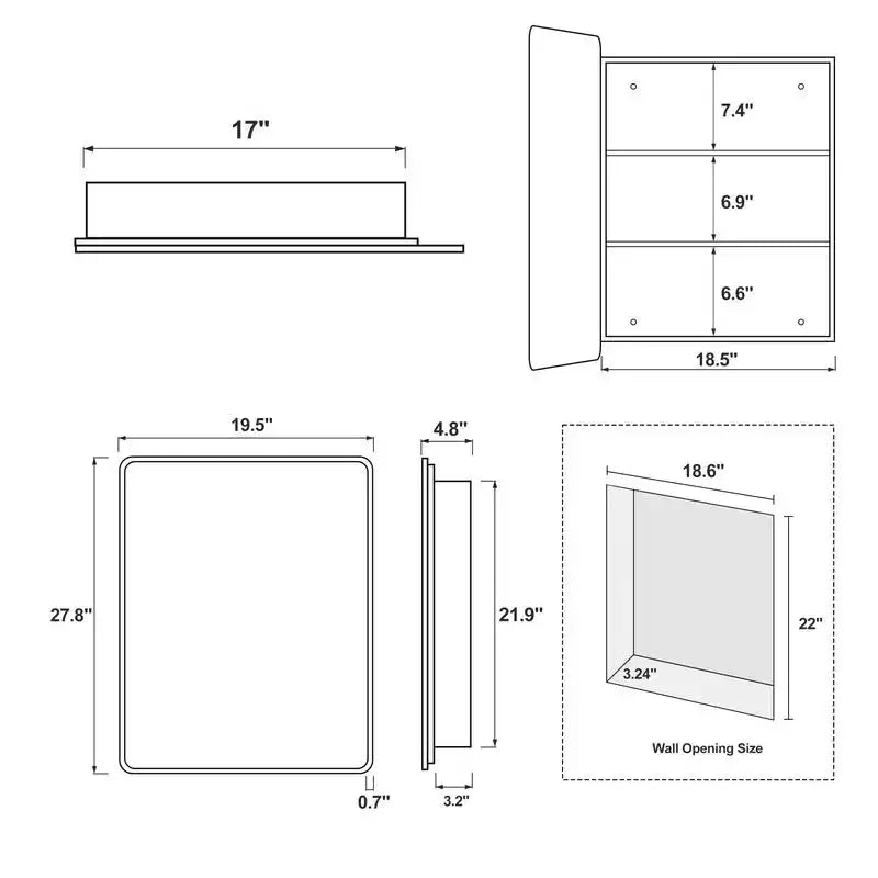 Mobiletto da bagno 28 x 20 con specchio Cornice in acciaio inossidabile e 2 ripiani regolabili Armadietti per medicinali a parete Specchi rettangolari da incasso neri