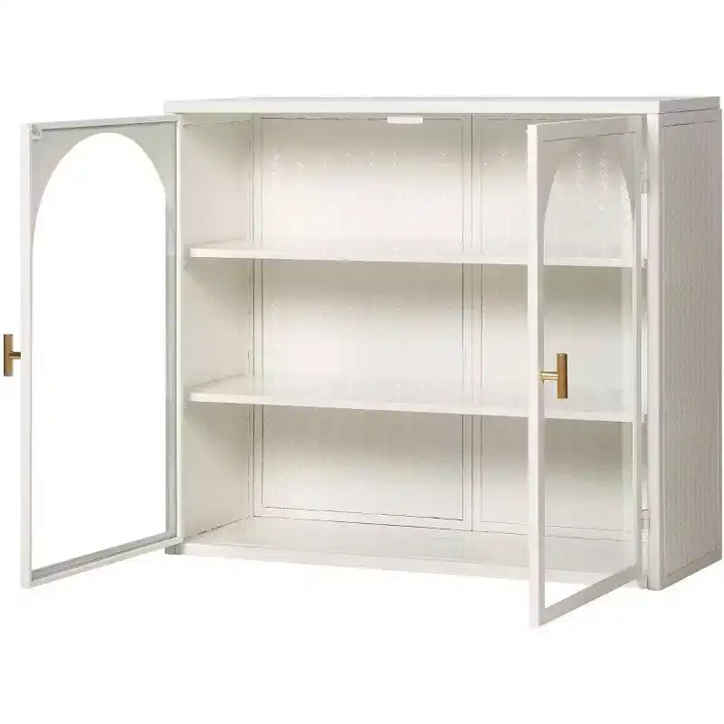 Pensile a doppia anta in vetro 27,56, Vetrinetta da cucina, Stile moderno minimalista, Tre ripiani, Ferro e vetro temperato, Facile da montare