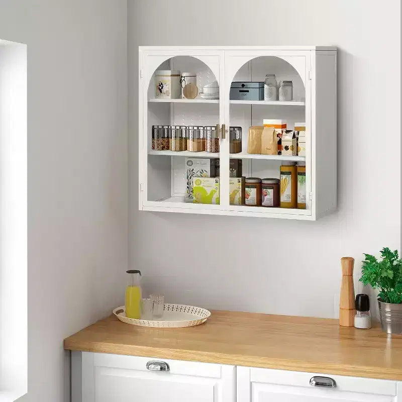 Pensile a doppia anta in vetro 27,56, Vetrinetta da cucina, Stile moderno minimalista, Tre ripiani, Ferro e vetro temperato, Facile da montare