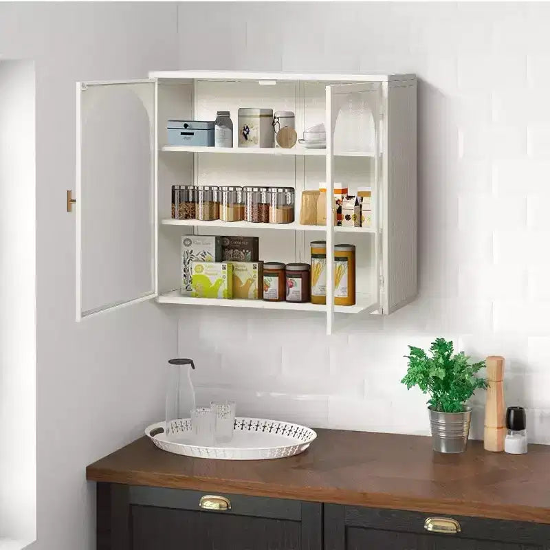 Pensile a doppia anta in vetro 27,56, Vetrinetta da cucina, Stile moderno minimalista, Tre ripiani, Ferro e vetro temperato, Facile da montare