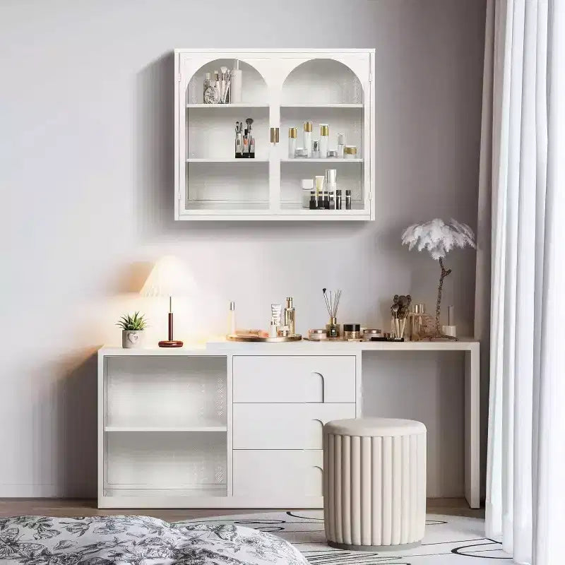 Pensile a doppia anta in vetro 27,56, Vetrinetta da cucina, Stile moderno minimalista, Tre ripiani, Ferro e vetro temperato, Facile da montare