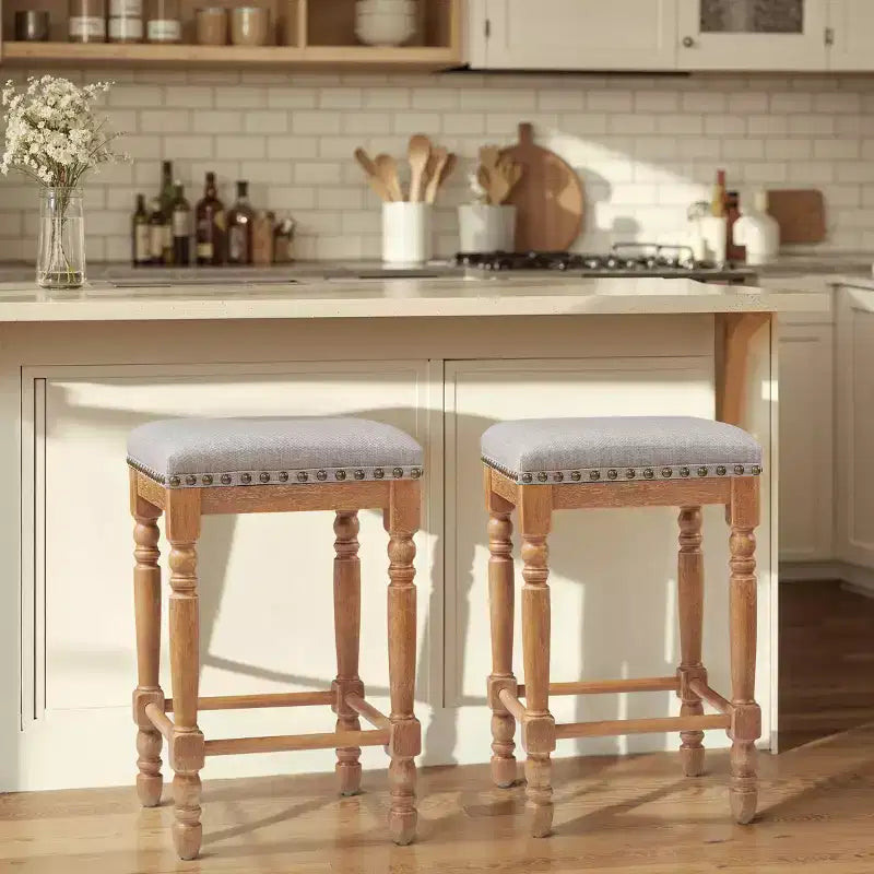 Subrtex 26.6Counter & Bar Solid Wood Backless Stool, Linen Upholstered with Nailhead Trim, Rustic Solid Wood Frame for Kitchen & Home Bar (Set of 2)