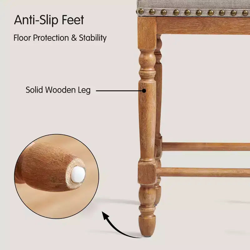Sgabello senza schienale per bancone e bar, 26,6", in legno massello, rivestito in lino con finiture borchiate, struttura rustica in legno massello per cucina e bar (set da 2)