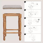 Sgabello senza schienale per bancone e bar, 26,6", in legno massello, rivestito in lino con finiture borchiate, struttura rustica in legno massello per cucina e bar (set da 2)